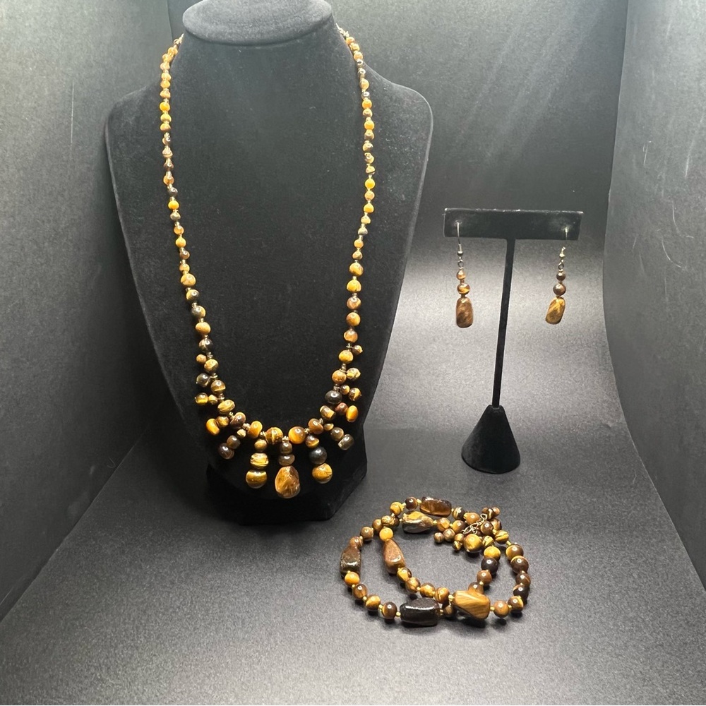 Tiger eye stone jewelry set necklace bracelet earrings brown gold boho